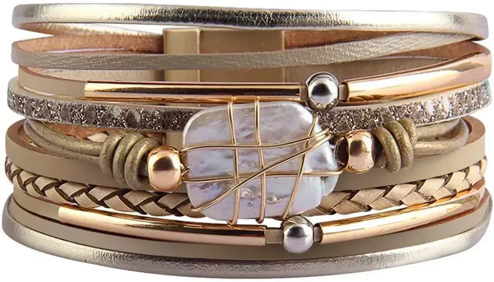 Fesciory Leather Wrap Bracelets for Women, Boho Leopard Multi-Layer Crystal Beads Cuff Bracelet Jewelry