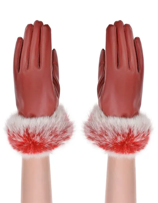 Fluffy Fur Trim Faux Leather Gloves