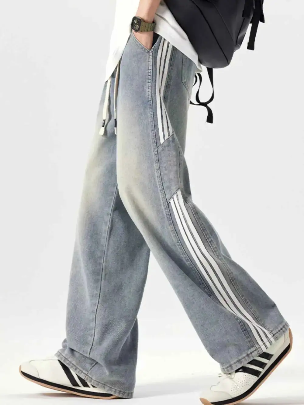 Washed Side Stripe Wide Leg Jeans