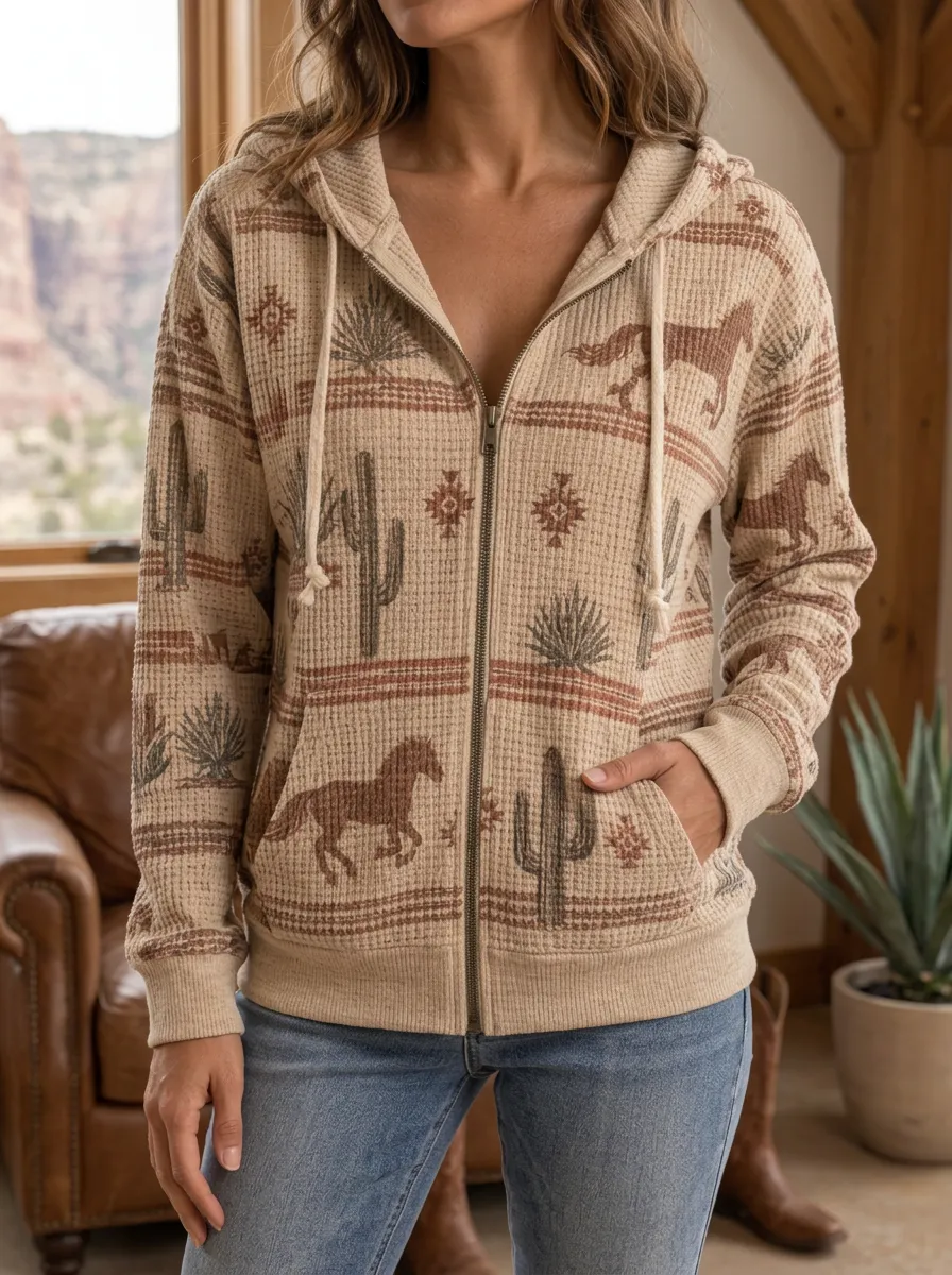 Women's Western Horse Cactus Printed Waffle Knit Zip Up Hoodie