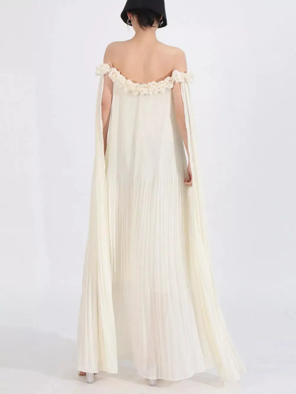 Off Shoulder Floral Pleated Maxi Dress