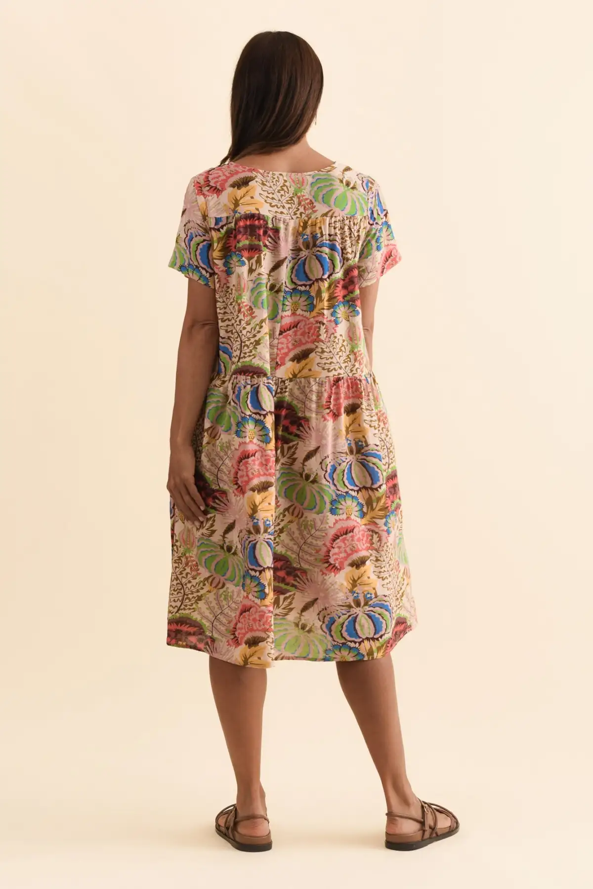 Cotton Above-Knee Floral Pocket Pleated Round-Neck Short-Sleeve Dress