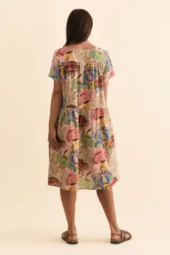 Cotton Above-Knee Floral Pocket Pleated Round-Neck Short-Sleeve Dress