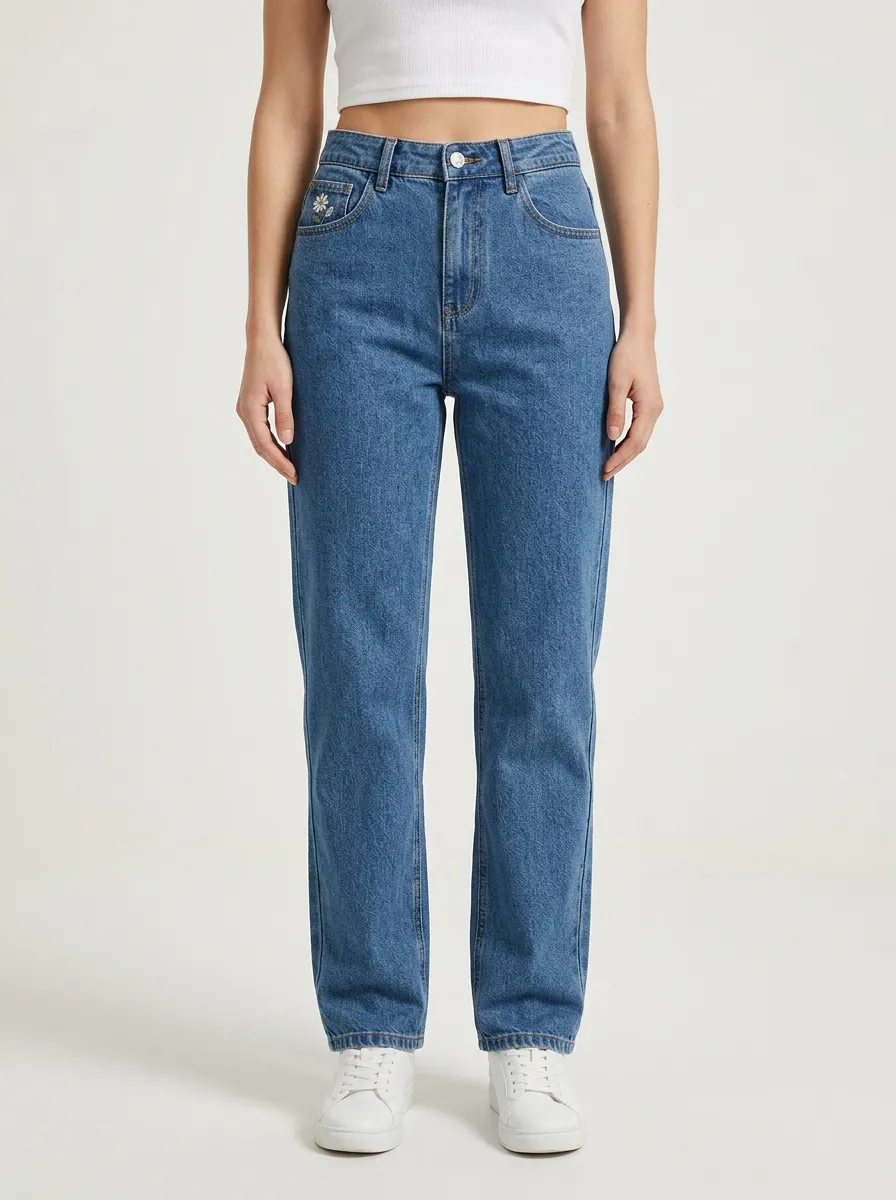 Women's Floral Embroidered Contrast-Stitch Coin-Pocket High-Rise Straight-Leg Jeans