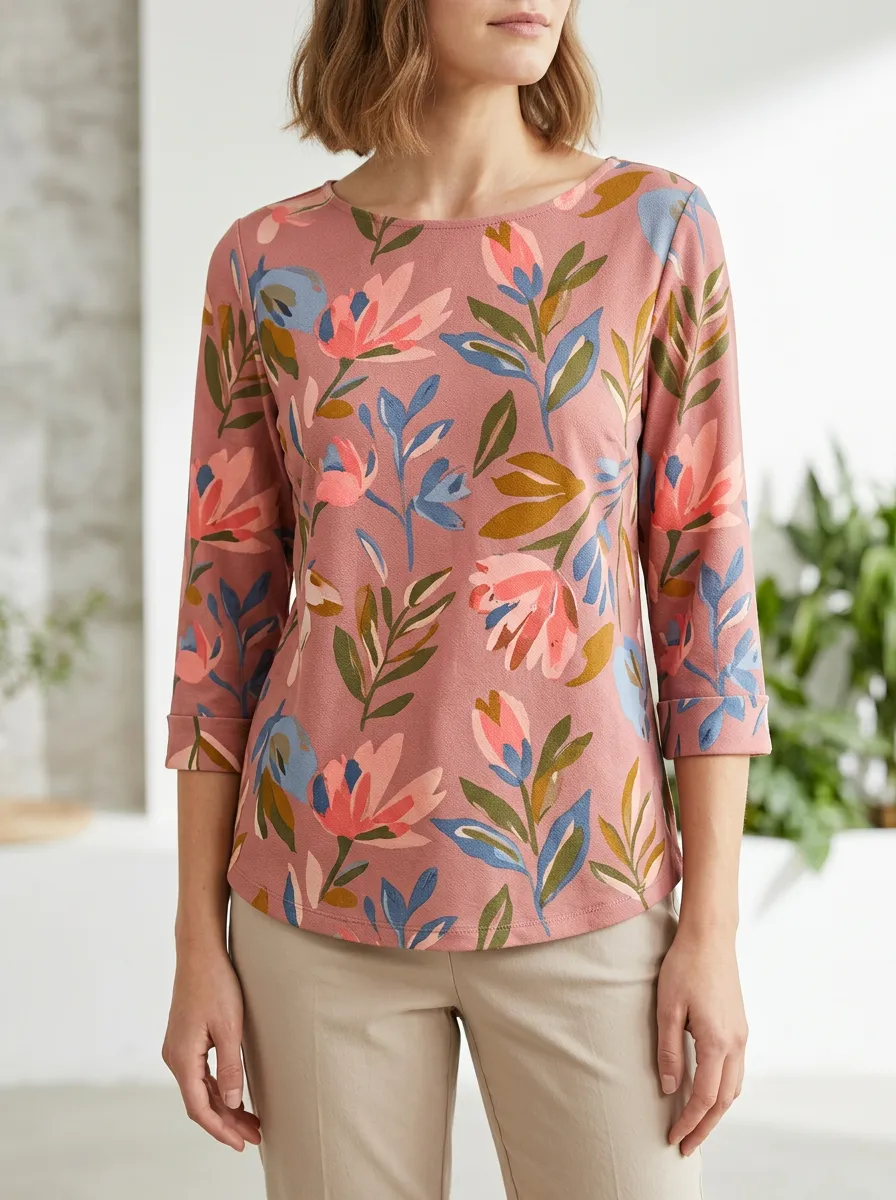 Easy-Wear Floral Women's Three-Quarter Sleeve Top