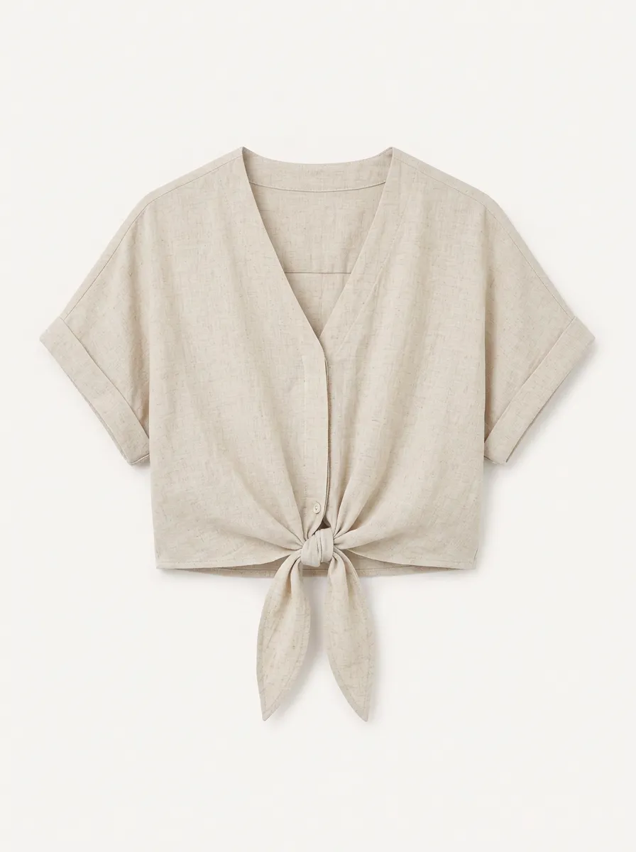 Women's Casual Beige Linen Blend Tie Front V-Neck Shirt
