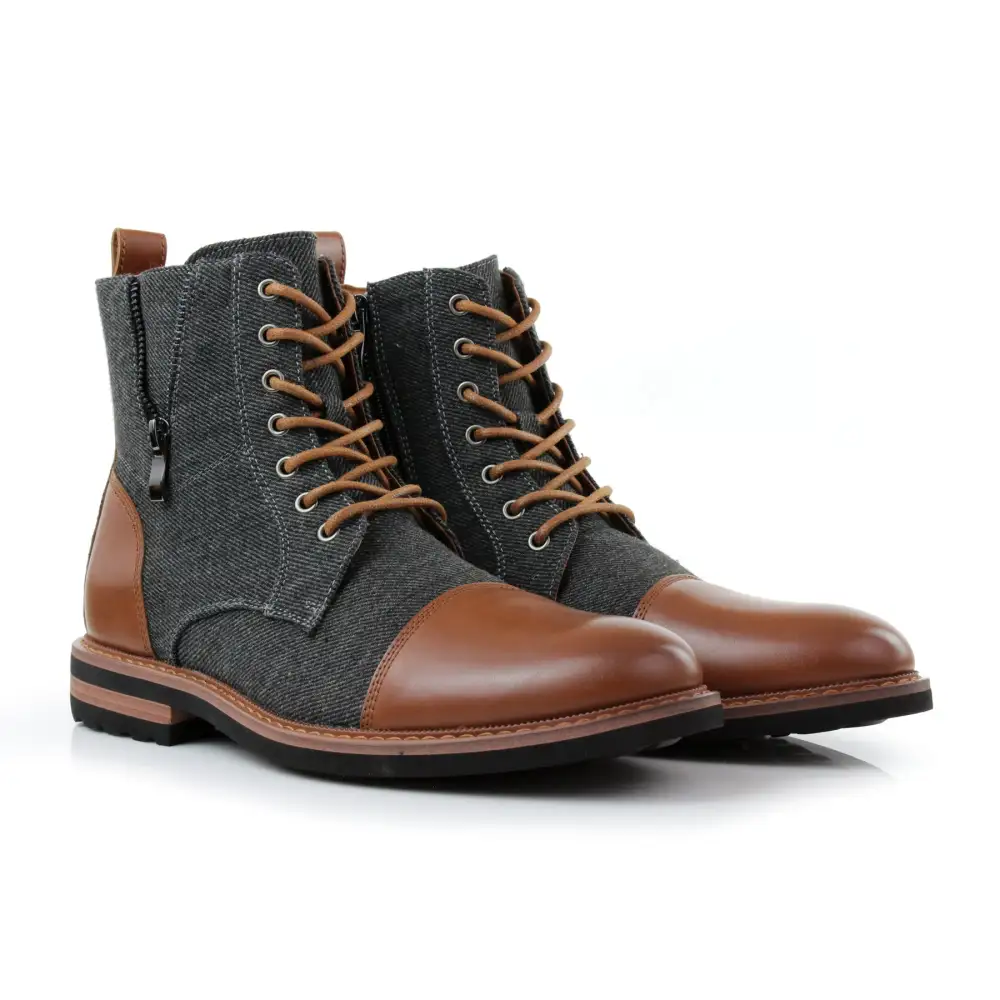 Faux-Leather Lace-Up Zip-Up Ankle Boots