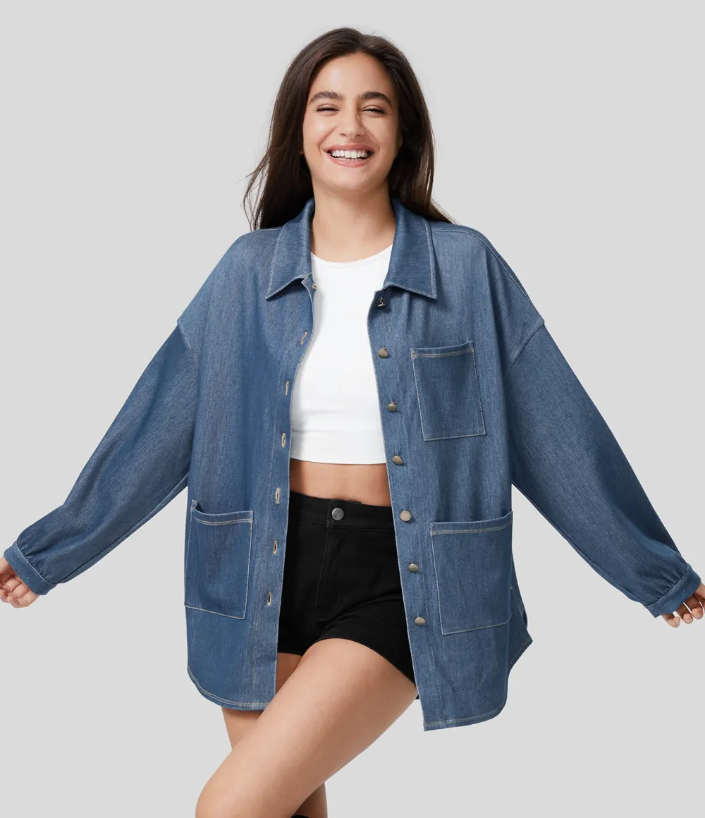 Magic Collared Multiple Pockets Button Front Split Curved Hem Stretchy Knit Denim Work Oversize Jacket