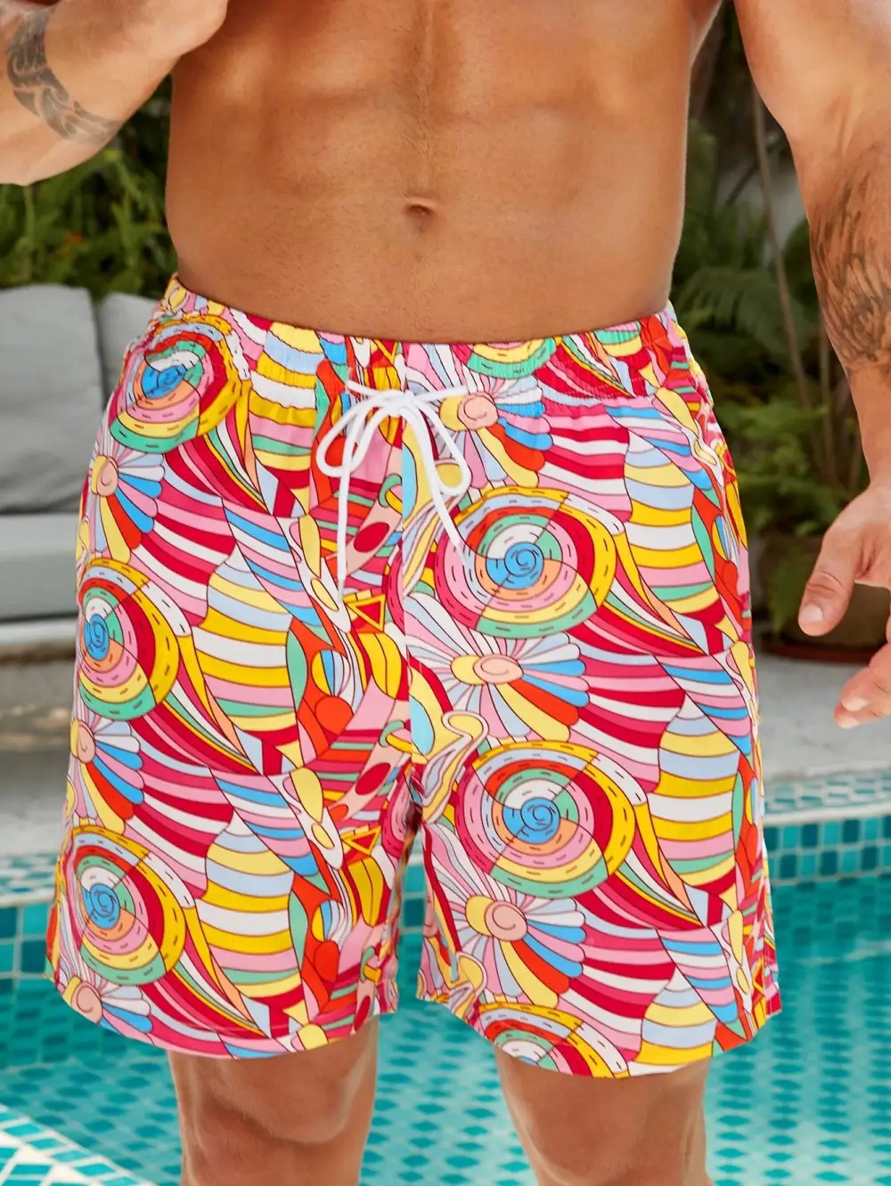 Men's Pocket Allover Print Drawstring Beach Shorts