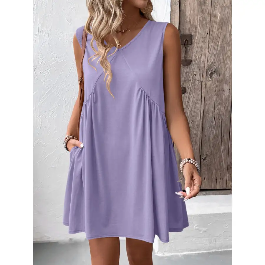 Ruched V-Neck Sleeveless Mini Dress