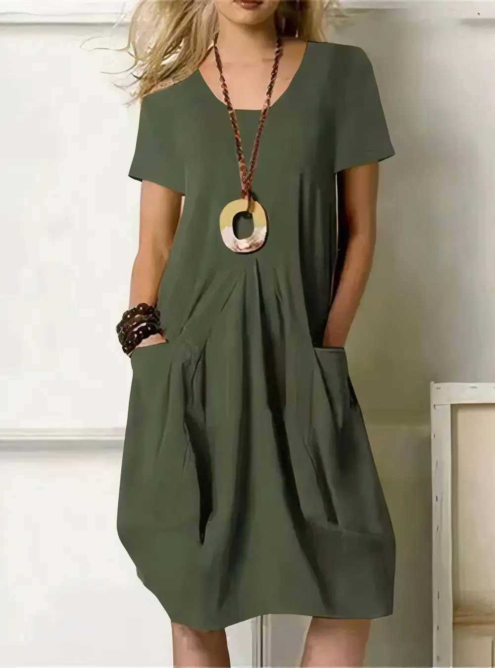  Casual Loose Pocket Midi Dress