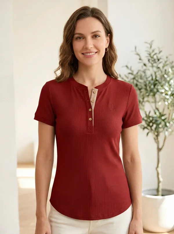 Women's Minimalist Leaf Embroidered Ribbed Henley Shirt