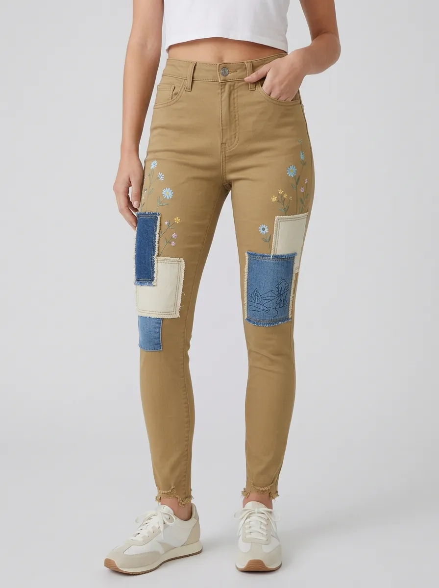 Women's Floral Patchwork Embroidered Printed Slim Jeans