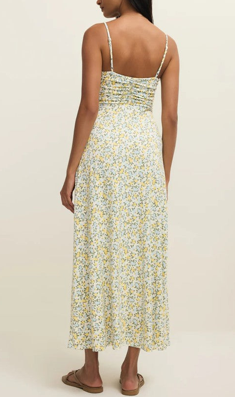 Yellow Ditsy Floral Ruched Maxi Dress