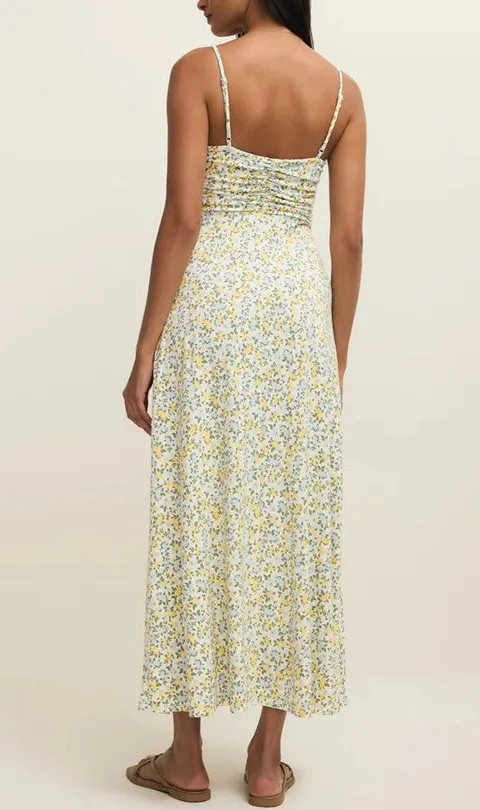 Yellow Ditsy Floral Ruched Maxi Dress