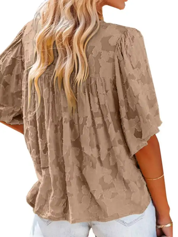 Textured V-Neck Button-Down Shirt