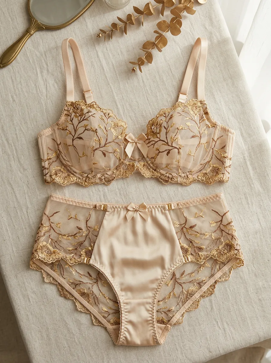 Women's Floral Embroidery Thread Sheer Lingerie Set