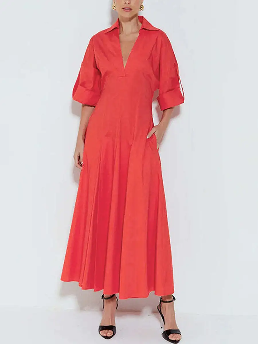Pleated Neck Shirt Maxi Dress