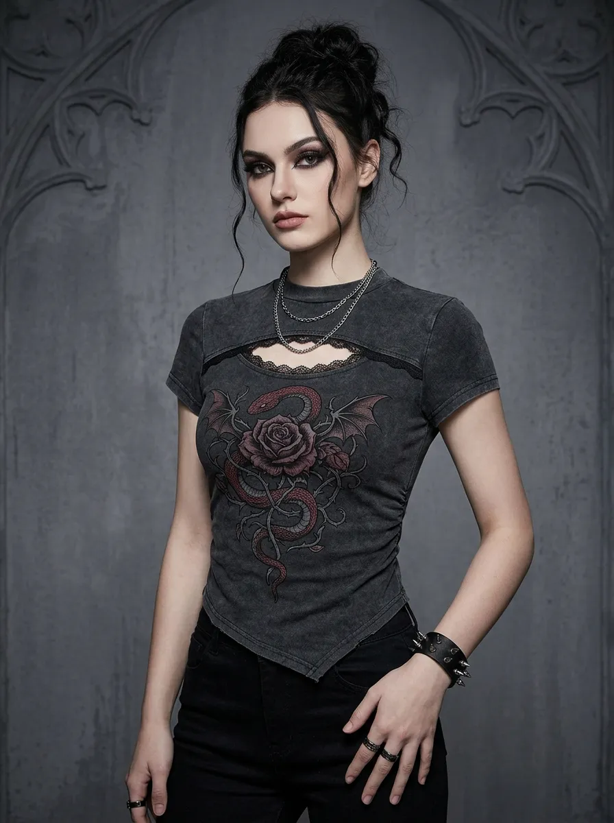Underground Rose Snake Wing Punk Look Women's Gothic T-Shirt