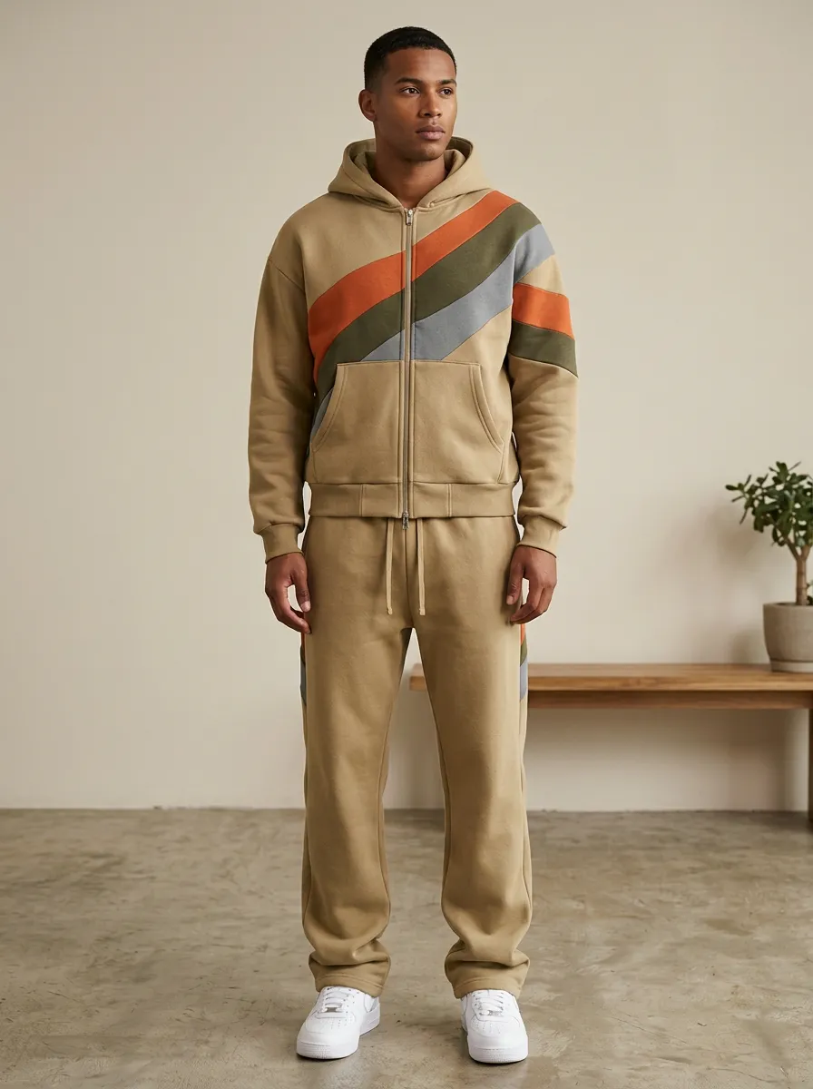 Men's Retro Stripe Pattern Printed Hooded Tracksuit Set