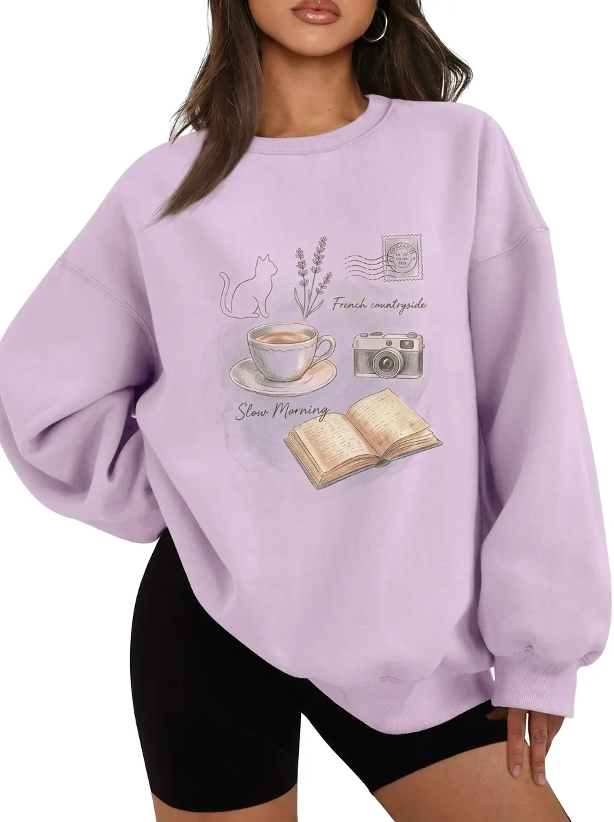 Women's French Countryside Cat Coffee Book Graphic Sweatshirt