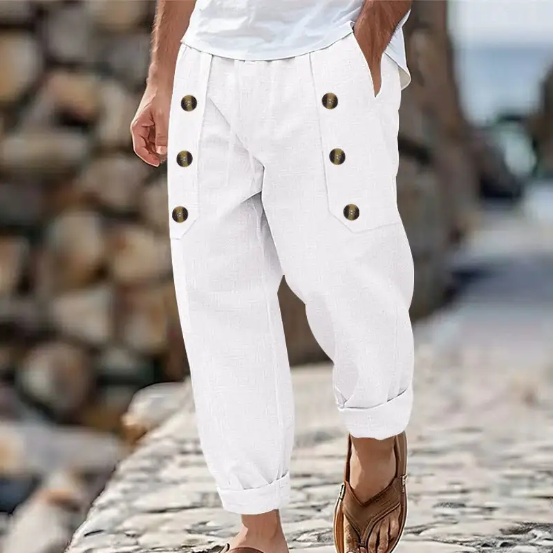 Button Detail Linen-Blend Cropped Pants