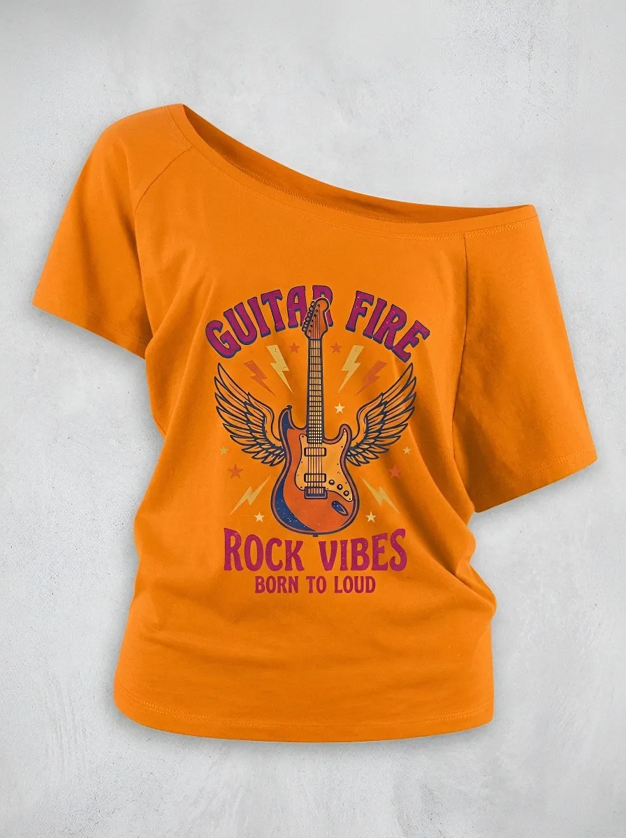 Women's Rock Music Lover Winged Guitar Printed Off-Shoulder Top
