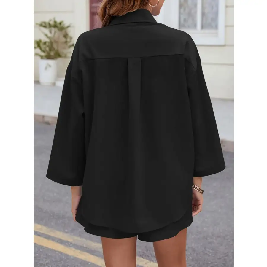Relaxed Button Up Long Sleeve Top and Shorts Set