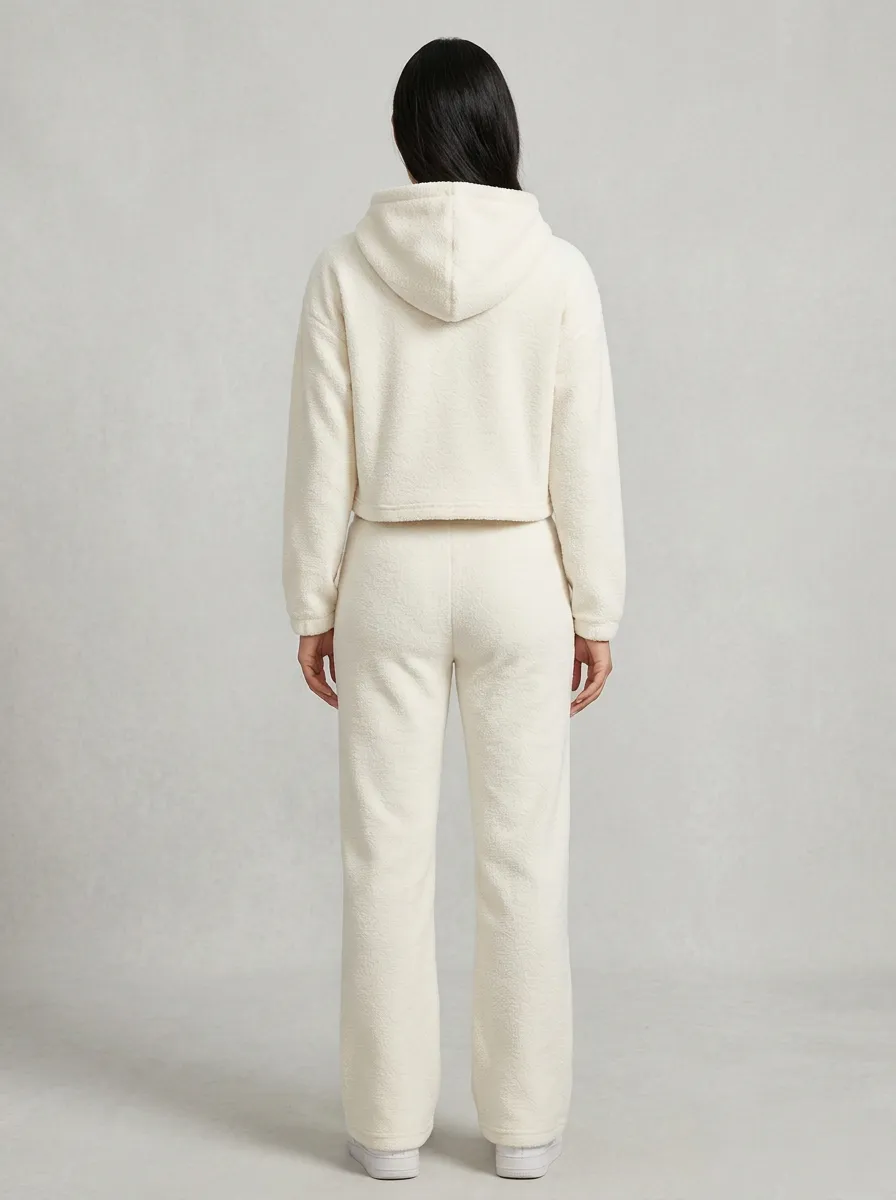 Women's Leaf Embroidered Cropped Hoodie Warm Lounge Set