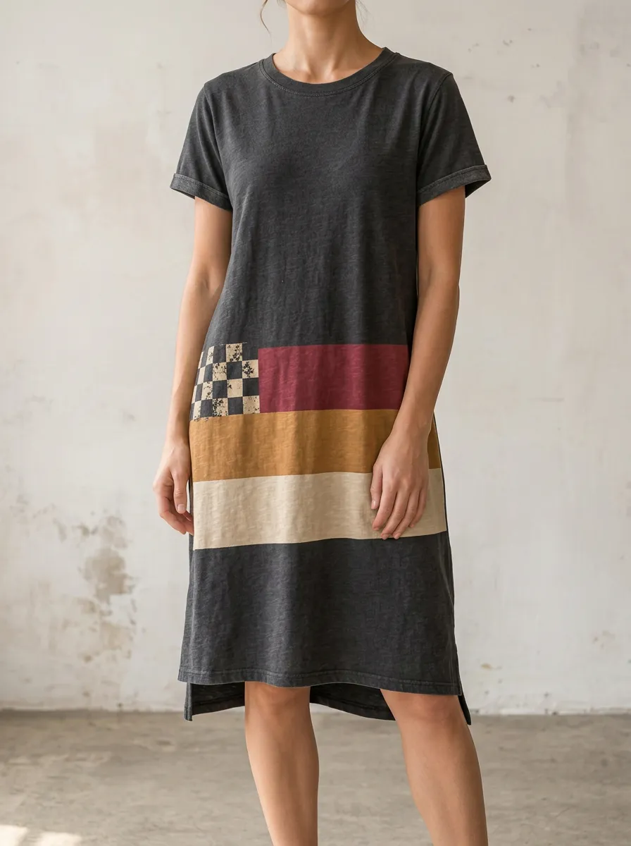 Women's Colorblock Checkered Pattern Printed T-shirt Dress