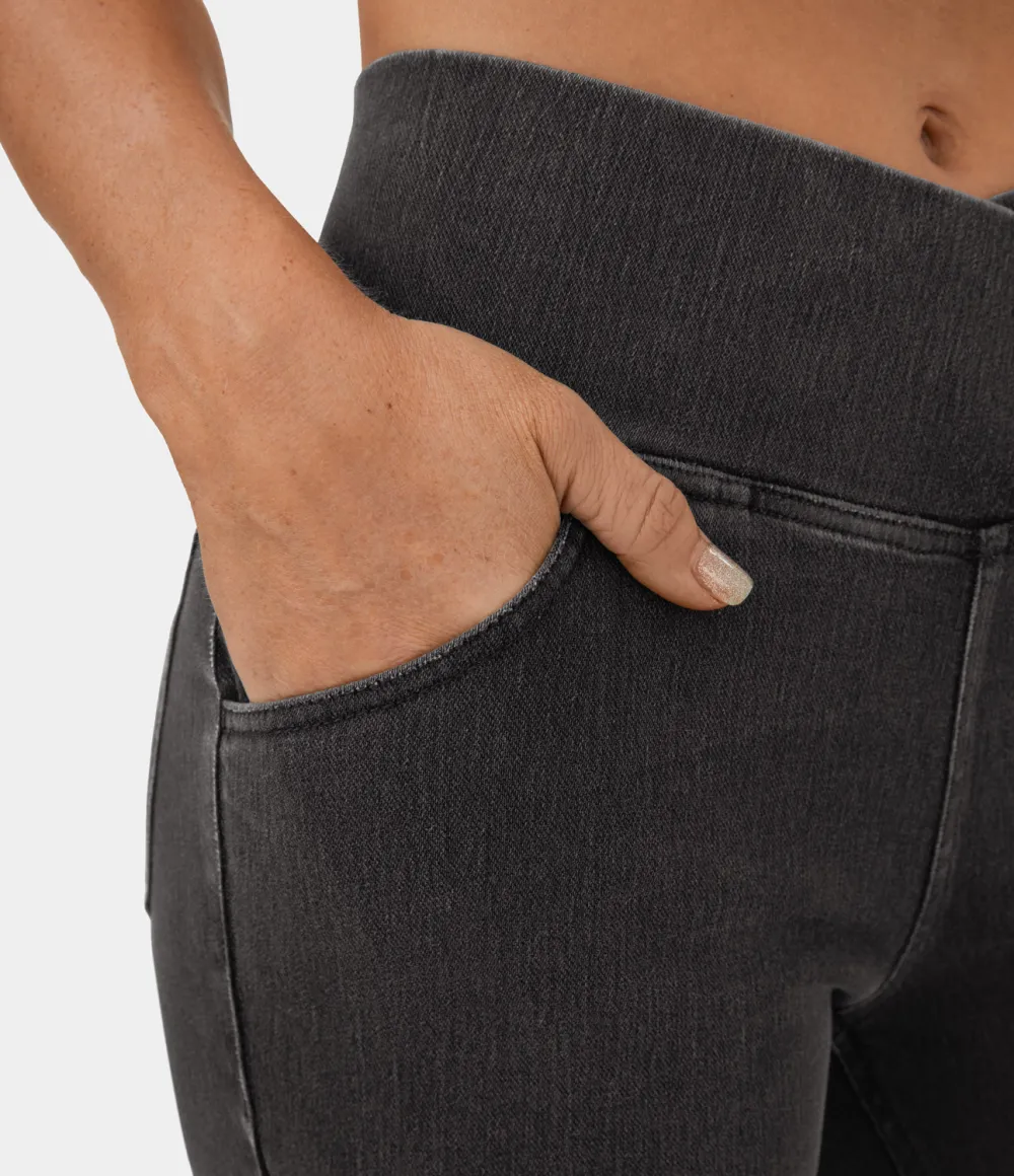 Magic High Waisted Crossover Pocket Washed Stretchy Knit Casual Super Flare Jeans