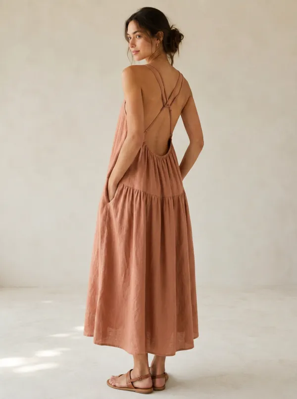 Women's Casual Linen-Blend Maxi Backless Dress