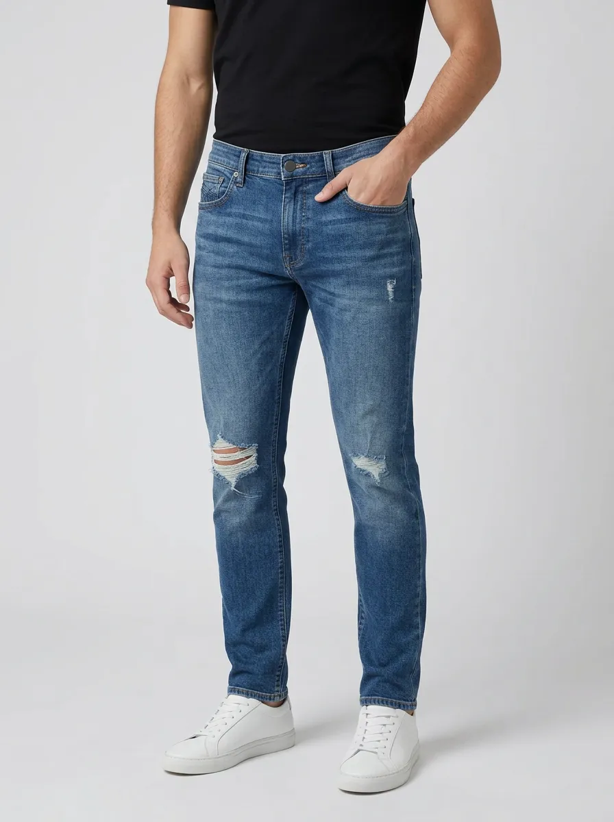Men's Casual Distressed Blue Denim Slim-Fit Jeans