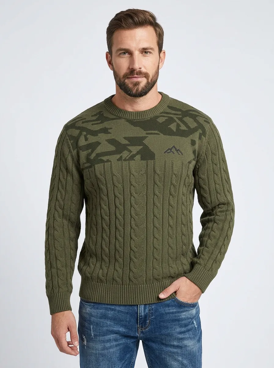 Men's Olive Green Outdoor Mountain Pattern Knit Sweater