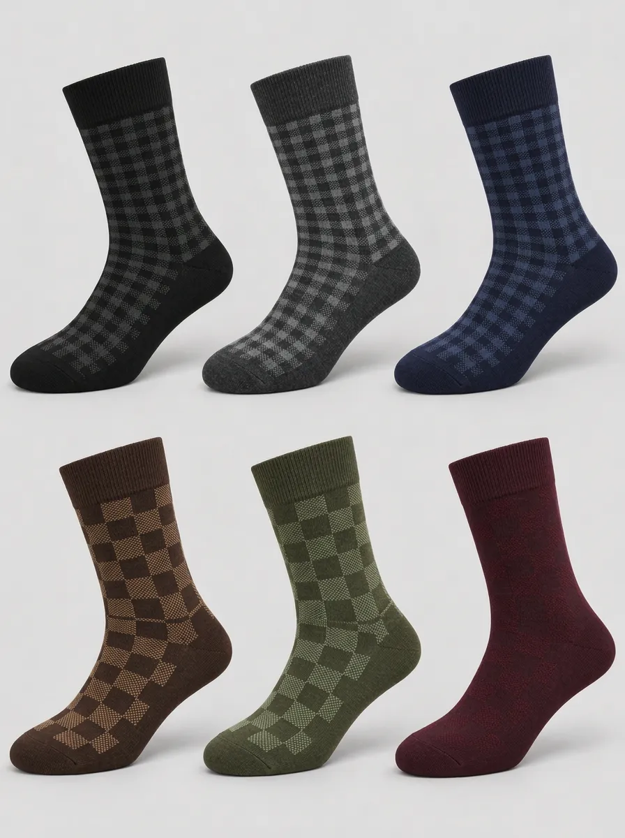 Men's Casual Business Plaid Pattern Printed Socks 6-Pack