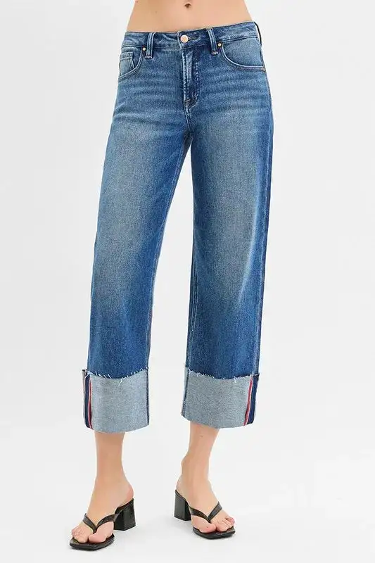 Tummy Control Mid Rise Crop Wide Denim Jeans