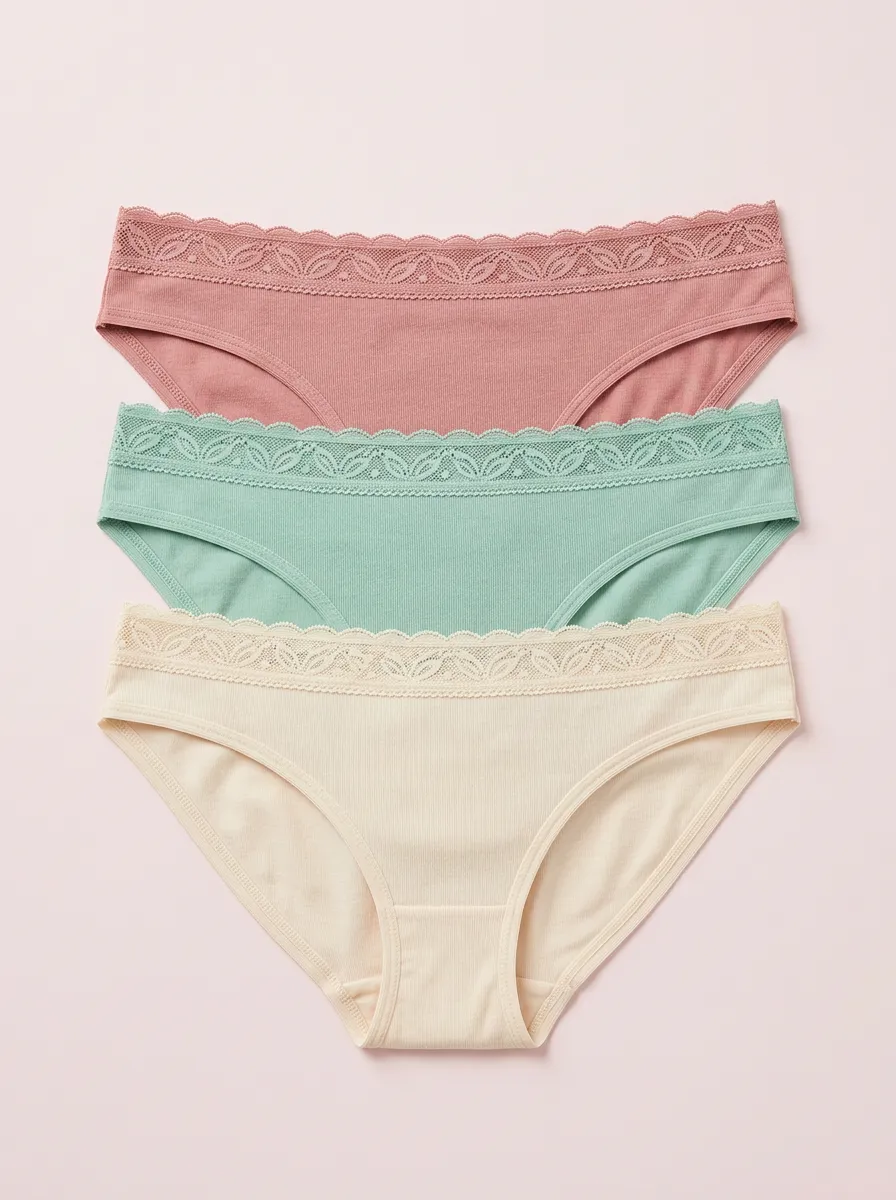 Everyday Lace-Trim Ribbed Women's Three-Piece Panty Set