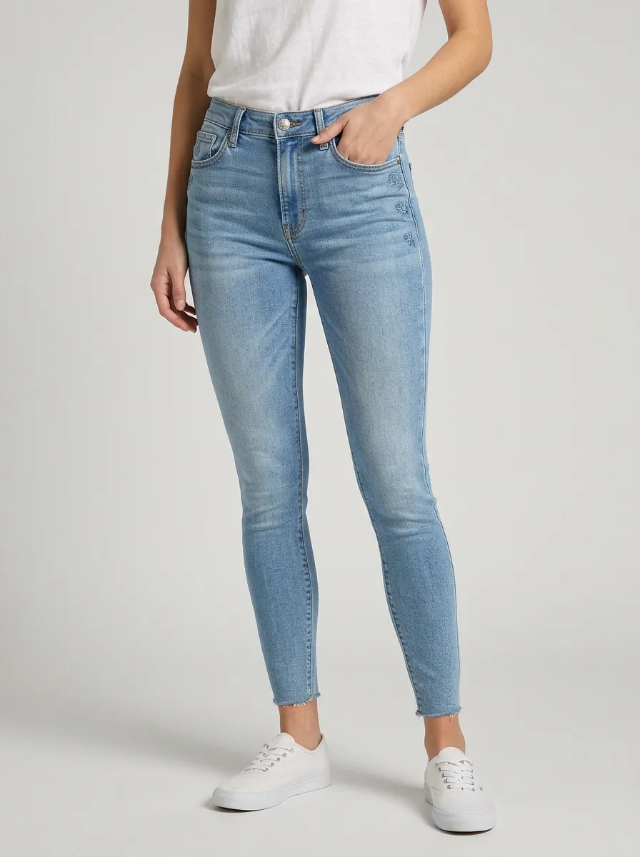 Women's Floral Embroidered High-Rise Raw Hem Slim Jeans