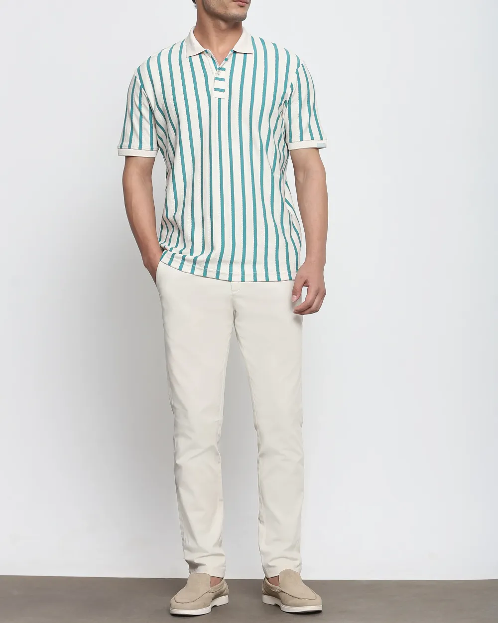 Teal Striped Textured Polo Shirt