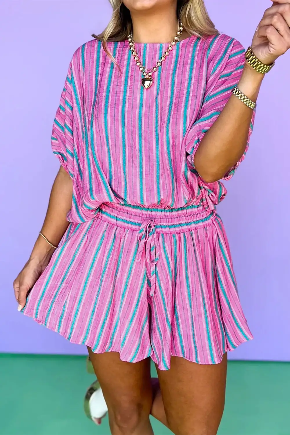 Women's Dolman Short Sleeve Blouse Drawstring Elastic Waist Loose Short Set