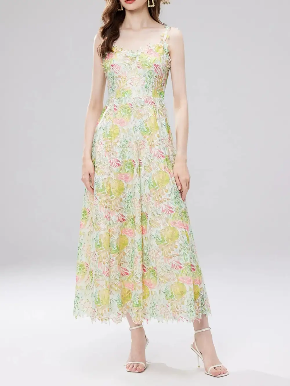 Floral Lace V Neck Midi Dress