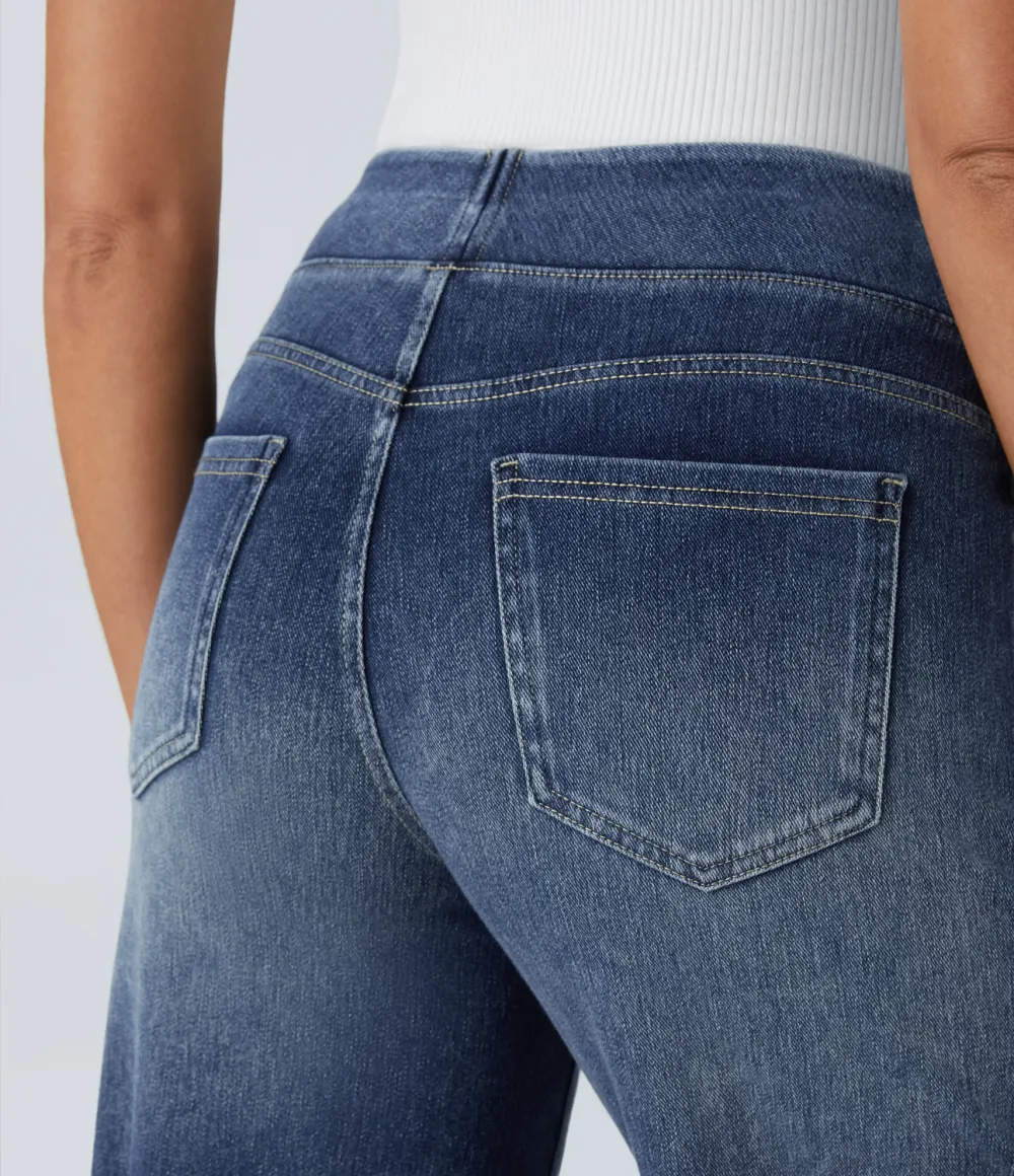 Magic High Waisted Multiple Pockets Wide Leg Washed Stretchy Knit Casual Jeans