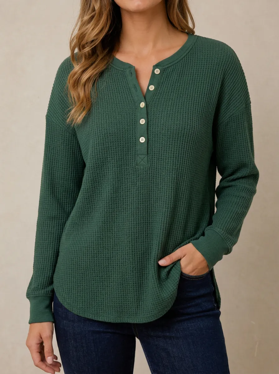 Clean Contemporary Waffle Knit Button Down Henley Top