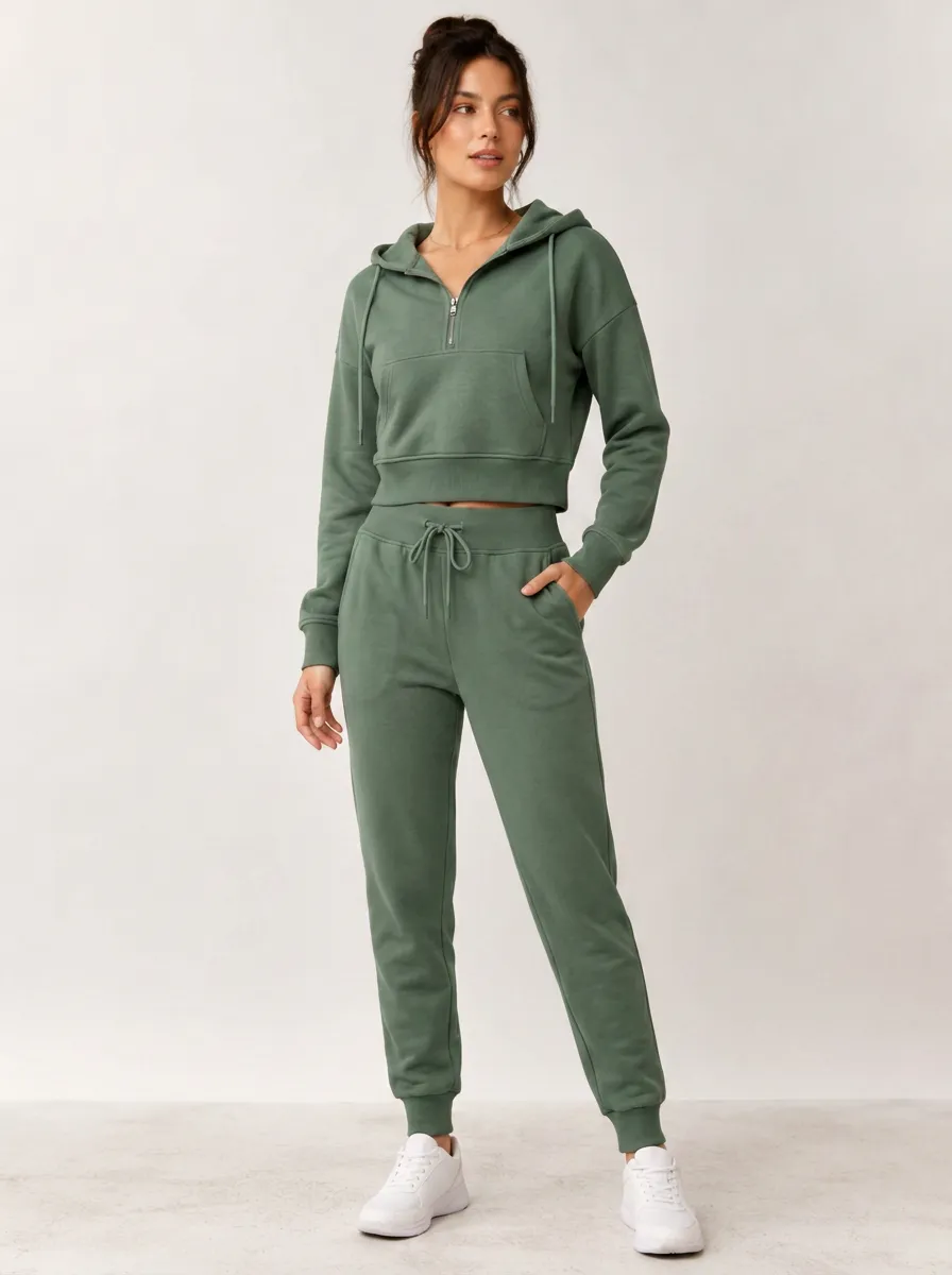 Women's Sage Green Half-Zip Cropped Hoodie and Jogger Set
