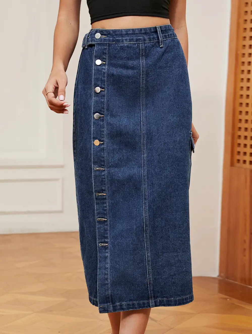 Denim Elastic Waist Midi Skirt