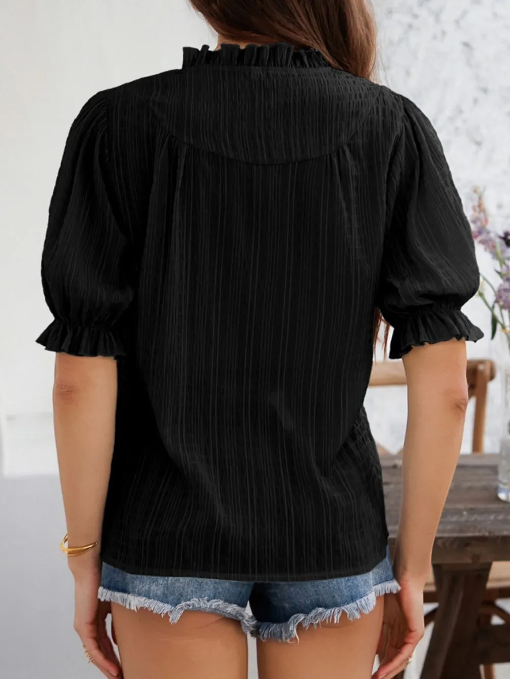 Notched-Neck Short-Sleeve Sheer Buttoned Blouse