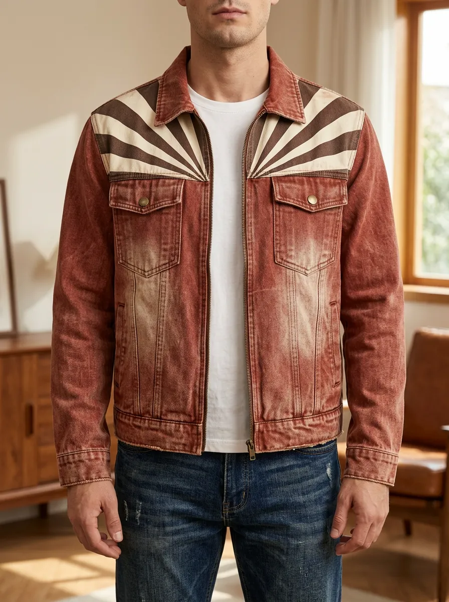 Men's Vintage Sunburst Pattern Washed Denim Printed Jacket