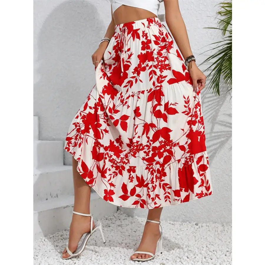 Ruffled Hem Printed Midi Skirt