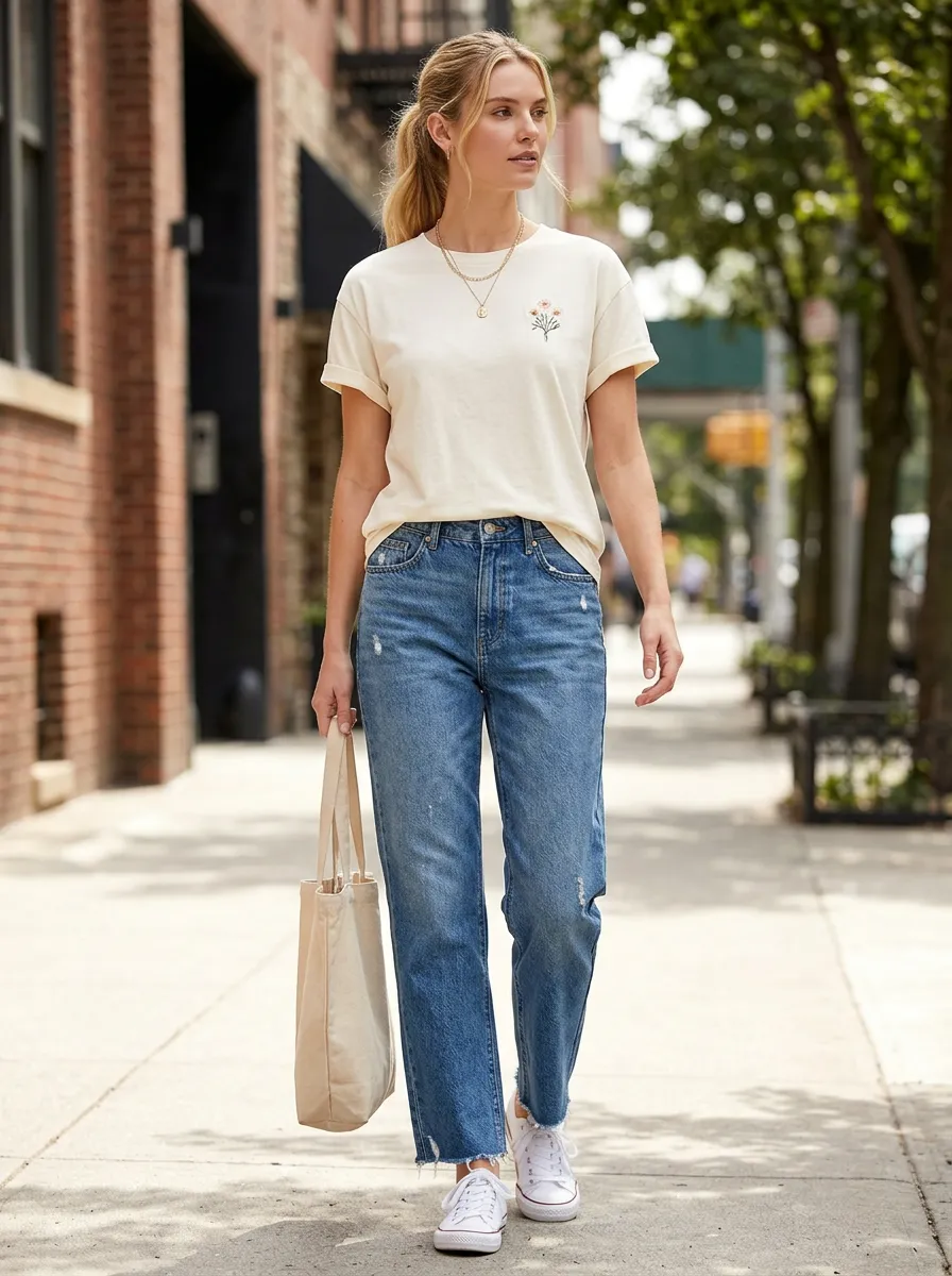 Women's Casual Floral Minimalist Printed T-shirt and Jeans Set