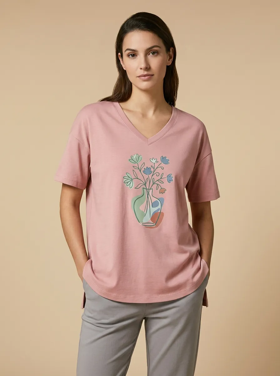 Women's V-Neck Graphic-Print Floral T-Shirt